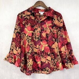 VTG Ruffled Floral Button Up Top Womens Large Flowy Y2K Whimsigoth Phoebe Retro